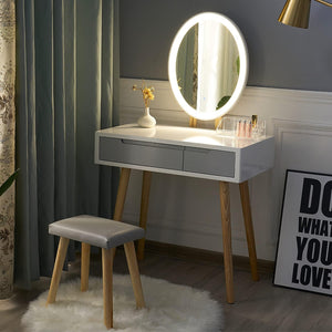 YOURLITE Dressing Table with LED Lights Mirror - White Vanity Makeup Table Set with Adjustable Brightness Mirror, Cushioned Stool and Free Make-up Organizer (White+Grey+Oval Mirror) YOURLITE