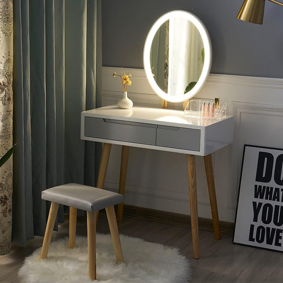 YOURLITE Dressing Table with LED Lights Mirror - White Vanity Makeup Table Set with Adjustable Brightness Mirror, Cushioned Stool and Free Make-up Organizer (White+Grey+Oval Mirror) YOURLITE