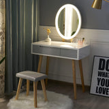 YOURLITE Dressing Table with LED Lights Mirror - White Vanity Makeup Table Set with Adjustable Brightness Mirror, Cushioned Stool and Free Make-up Organizer (White+Grey+Oval Mirror) YOURLITE