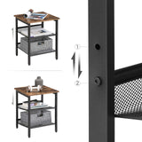VASAGLE Side Table Set, Nightstand, Industrial Set of 2 Bedside Tables, with Adjustable Mesh Shelves, Living Room, Bedroom, Hallway, Office, Stable, Rustic Brown and Black LET24X VASAGLE