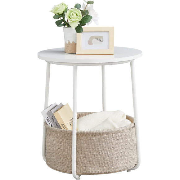VASAGLE Side Table, Round End Table with Fabric Basket, Spacious, for Living Room Bedroom, Bedside Table, Modern Style, White and Beige LET223W10 VASAGLE