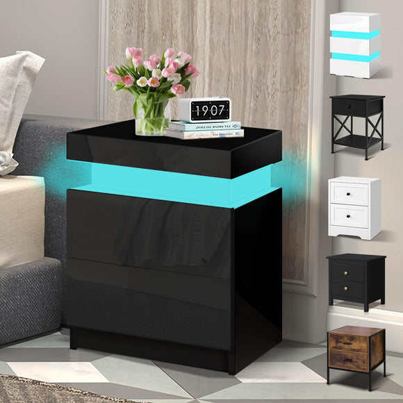 ELFORDSON LED Bedside Table with 2 Drawers and 1 Top Drawer, Bedside Cabinet with 4-side High Gloss, 16 RGB LED Colours, Side Table Nightstand for Bedroom Living Room Home Furniture, Black ELFORDSON