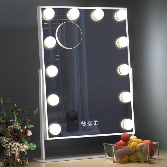 Hansong Hollywood Vanity Mirror with Lights 12 Dimmable LED Bulbs Lighted Makeup Mirror with 3 Color Light & 10X Magnifying Touchscreen Control 360° Rotation Dressing Table Mirror Hansong