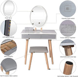 YOURLITE Dressing Table with LED Lights Mirror - White Vanity Makeup Table Set with Adjustable Brightness Mirror, Cushioned Stool and Free Make-up Organizer (White+Grey+Oval Mirror) YOURLITE