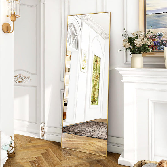 Koonmi Floor Mirror, 52 x 161 cm Mirror Full Length with Minimalist Narrow Aluminum Frame, Modern Large Wall Mirror Standing or Hanging for Living Room and Bedroom, Gold Koonmi