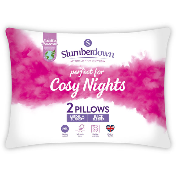 Slumberdown Cosy Nights Pillows 2 Pack - Medium Support Back Sleeper Pillows for Back Pain Relief - Comfortable, Hypoallergenic, UK Standard Size (48cm x 74cm) Slumberdown