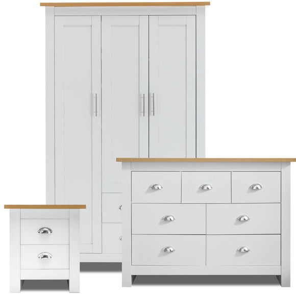 Blisswood 3 Piece Bedroom Furniture Set With 3 Door Wardrobe & 4+3 Drawer Chest of Drawer + 2 Drawer Bedside Table Cabinet for Bedroom Storage Furniture (White & Oak) Blisswood