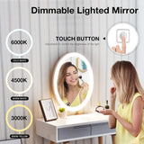 YOURLITE Dressing Table with LED Lights Mirror - White Vanity Makeup Table Set with Adjustable Brightness Mirror, Cushioned Stool and Free Make-up Organizer (White+Grey+Oval Mirror) YOURLITE
