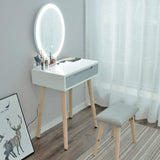 ARTETHYS Dressing Table Set with LED Lights Mirror, Vanity Makeup Table Set with Adjustable Brightness Mirror, 1 Drawer, Cushioned Stool and Free Make-up Organizer, White Grey, Oval ARTETHYS