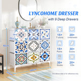 LYNCOHOME Chest of Drawers, Fabric Storage Unit with Deep and Large Drawers, 9 Drawers Wide Dresser with Metal Frame and Wooden Top for Bedroom, Living room, Kid's room, Closet, Entryway. LYNCOHOME