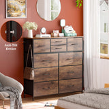Lulive Dresser for Bedroom with 10 Drawers, Chest of Drawers with Side Pockets and Hooks, Fabric Storage Organizer Unit for Living Room, Hallway, Closet (Rustic Brown) Lulive