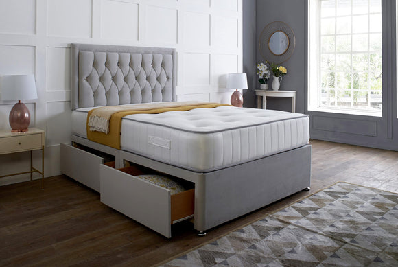 Silver Plush Memory Foam Divan Bed Set With Tufted Mattress, 2 Drawers and Headboard (4FT Small Double) Bed Frame Warehouse
