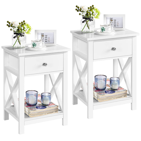 Yaheetech White Bedside Table Set of 2, X Shaped Cabinet with Drawer and Open Shelf Narrow Wooden Nightstand Storage Unit for Bedroom Small Side Table for Living Room, 40x30x55cm Yaheetech