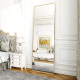 Koonmi Floor Mirror, 52 x 161 cm Mirror Full Length with Minimalist Narrow Aluminum Frame, Modern Large Wall Mirror Standing or Hanging for Living Room and Bedroom, Gold Koonmi