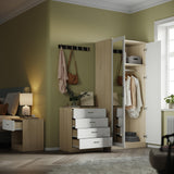 ELEGANT High Gloss Mirrored Wardrobe Set 2 Doors Wardrobe with Mirror and 4 Drawer Chest and Bedside Cabinet, White/Oak ELEGANT