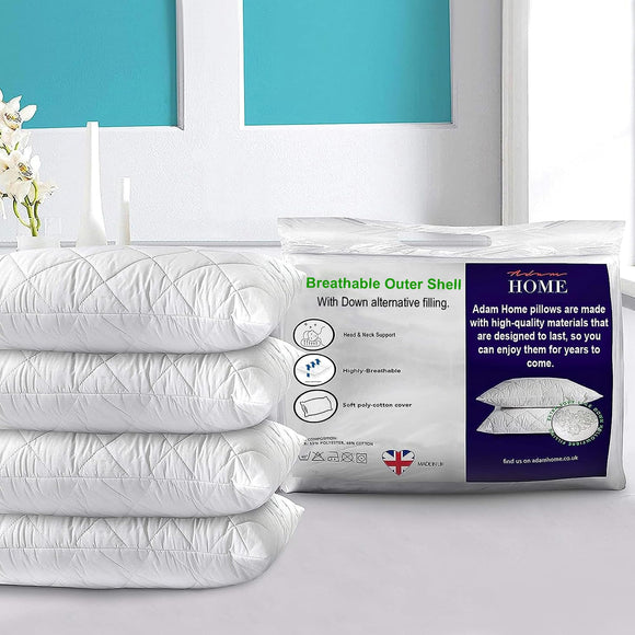 Adam Home Pillow 1 Pack Hotel Quality with Quilted Cover- Premium Filled Pillows for Stomach, Back and Side Sleeper Pillow, Down Alternative Bed Pillow-Soft Hollow-Fiber Hotel Pillow Adam Home