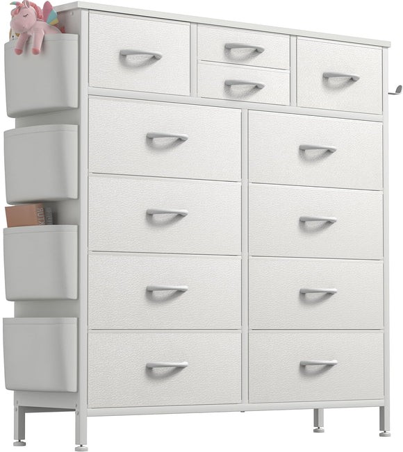 Lulive Dresser for Bedroom with 12 Drawers, Tall Dresser Chest of Drawers with Side Pockets and Hooks, Fabric Dresser Storage Tower for Closet, Hallway, Living Room (White) Lulive