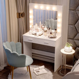 Jooli H White Dressing Table Set with Hollywood LED Lights Mirror, Vanity Makeup Table 2 Large Drawers and Stool Jooli H