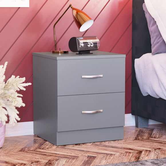 Vida Designs Large Grey Bedside Cabinet, 2 Drawer With Metal Handles & Runners, Unique Anti-Bowing Drawer Support, Riano Bedroom Furniture Vida Designs