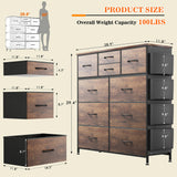 Lulive Dresser for Bedroom with 10 Drawers, Chest of Drawers with Side Pockets and Hooks, Fabric Storage Organizer Unit for Living Room, Hallway, Closet (Rustic Brown) Lulive