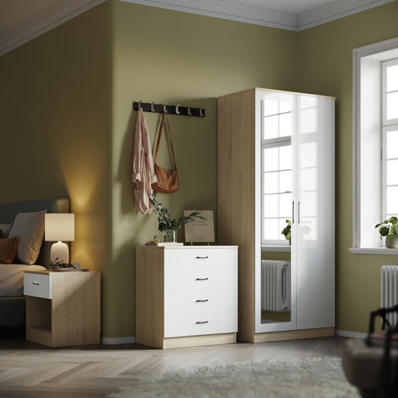 ELEGANT High Gloss Mirrored Wardrobe Set 2 Doors Wardrobe with Mirror and 4 Drawer Chest and Bedside Cabinet, White/Oak ELEGANT