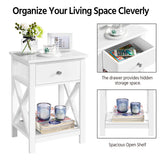Yaheetech White Bedside Table Set of 2, X Shaped Cabinet with Drawer and Open Shelf Narrow Wooden Nightstand Storage Unit for Bedroom Small Side Table for Living Room, 40x30x55cm Yaheetech