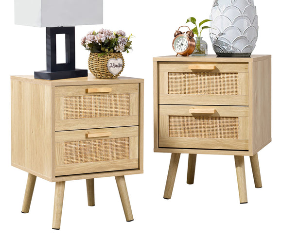 Finnhomy Bedside Table, Side Table with 2 Hand Made Rattan Decorated Drawers, Bedside Tables Set of 2, Wood Nigntstand, End Table with Storage for Bedroom, Natural, 2 Pack Finnhomy