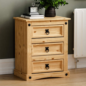 Vida Designs 3 Drawer Bedside Chest Distressed Waxed Rectangular Nightstand Table, Solid Pine Wood, 35 cm D x 48 cm W x 60 cm H Vida Designs