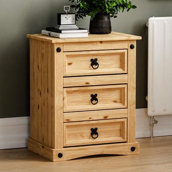 Vida Designs 3 Drawer Bedside Chest Distressed Waxed Rectangular Nightstand Table, Solid Pine Wood, 35 cm D x 48 cm W x 60 cm H Vida Designs