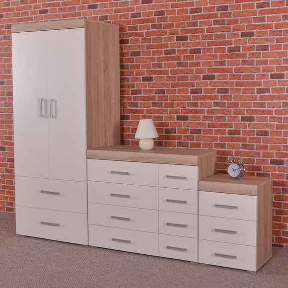 DRP Trading White & Sonoma Oak 3 Piece Bedroom Furniture Set, 3 Drawer Chest, 4+4 Drawer Chest, 2 Door Wardrobe, Complete Bedroom Set, Ideal for Bedroom Organisation, Room Storage, Elegant Decor… DRP Trading