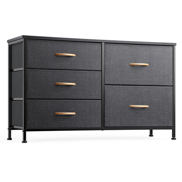 Nicehill Dresser for Bedroom with 5 Drawers, Storage Organizer, Wide Chest of Drawers for Closet, Clothes, Kids, Baby, TV Stand, Wood Board, Fabric Drawers(Black Grey) Nicehill