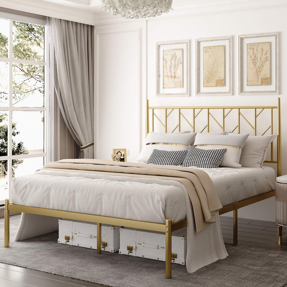 Allewie Queen Size Modern Platform Bed Frame with Vintage Headboard, 14 Inches Metal Mattress Foundation with Storage, No Box Spring Needed, Easy Assembly, Gold Allewie