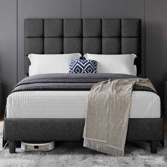 Yaheetech Double Bed Frame Upholstered Platform Bed with Adjustable Square Tufted Headboard/Linen Fabric/Sturdy Wooden Slat Support/No Box Spring Needed, 4ft6 Double Bed Dark Grey Yaheetech