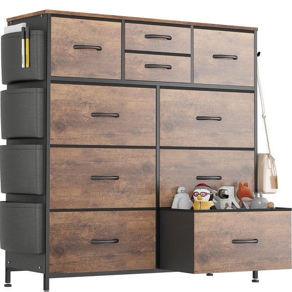 Lulive Dresser for Bedroom with 10 Drawers, Chest of Drawers with Side Pockets and Hooks, Fabric Storage Organizer Unit for Living Room, Hallway, Closet (Rustic Brown) Lulive