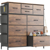 Lulive Dresser for Bedroom with 10 Drawers, Chest of Drawers with Side Pockets and Hooks, Fabric Storage Organizer Unit for Living Room, Hallway, Closet (Rustic Brown) Lulive