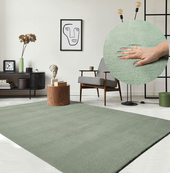 the carpet Relax Modern Fluffy Short Pile Rug, Non-Slip Underside, Washable up to 30 Degrees, Super Soft, Fur Look, Green, 80 x 150 cm the carpet
