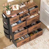 Lulive Dresser for Bedroom with 10 Drawers, Chest of Drawers with Side Pockets and Hooks, Fabric Storage Organizer Unit for Living Room, Hallway, Closet (Rustic Brown) Lulive