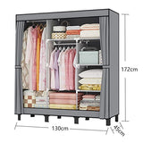 LOEFME Canvas Wardrobe 172*130*45cm Wardrobes for Bedroom Portable Wardrobe Shelves Wardrobe Storage Organiser Fabric Wardrobes for Bedroom with 2 Hanging Rails Fabric Closet Folding Wardrobe Grey LOEFME