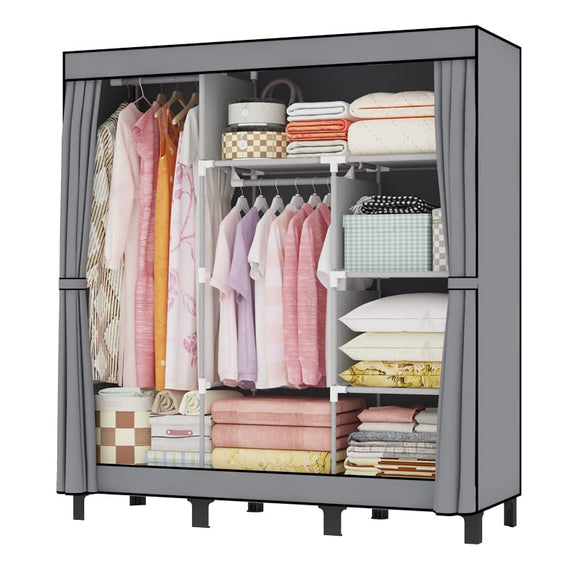 LOEFME Canvas Wardrobe 172*130*45cm Wardrobes for Bedroom Portable Wardrobe Shelves Wardrobe Storage Organiser Fabric Wardrobes for Bedroom with 2 Hanging Rails Fabric Closet Folding Wardrobe Grey LOEFME